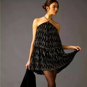 COREY LYNN CALTER Chandelier Metallic Stripe Black Halter Swing Dress! New. Lg